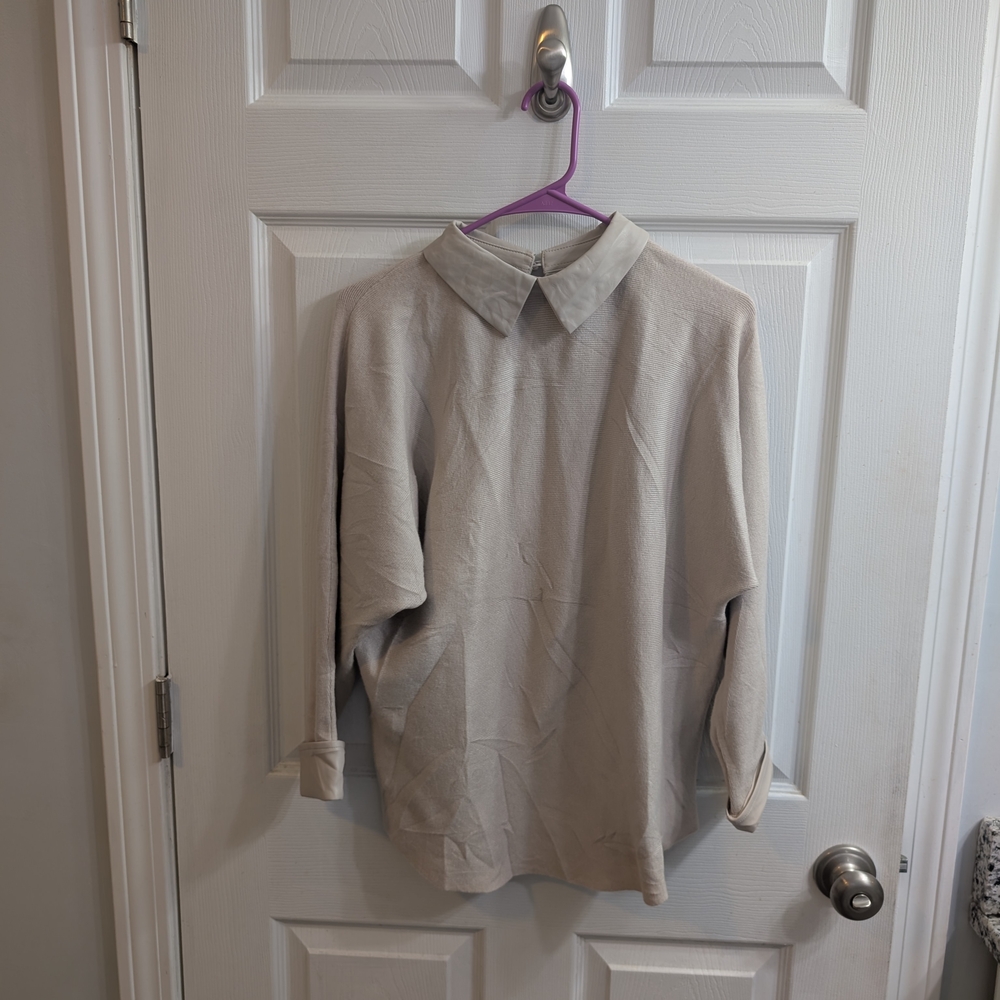 Sioni Knit Sweater with Faux Leather Collar Beige‎ Long Sleeve - Size S